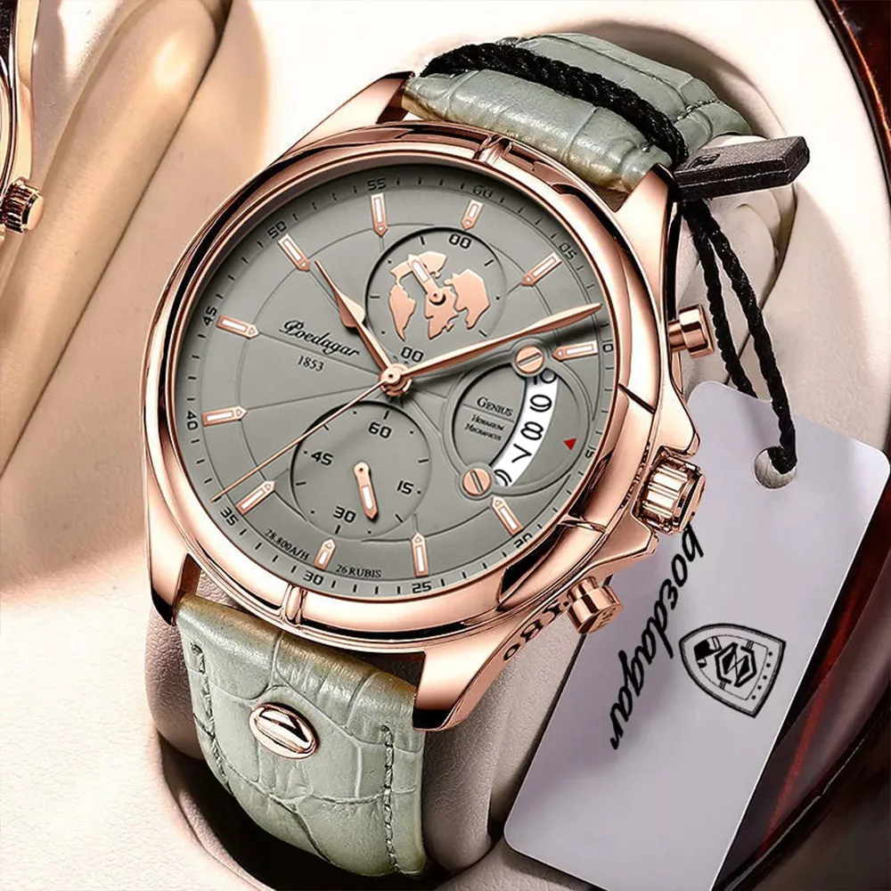 POEDAGAR, reloj deportivo informal para hombre con fecha, cronógrafo de Cuero Luminoso resistente al agua, relojes de cuarzo de lujo para negocios para hombre
