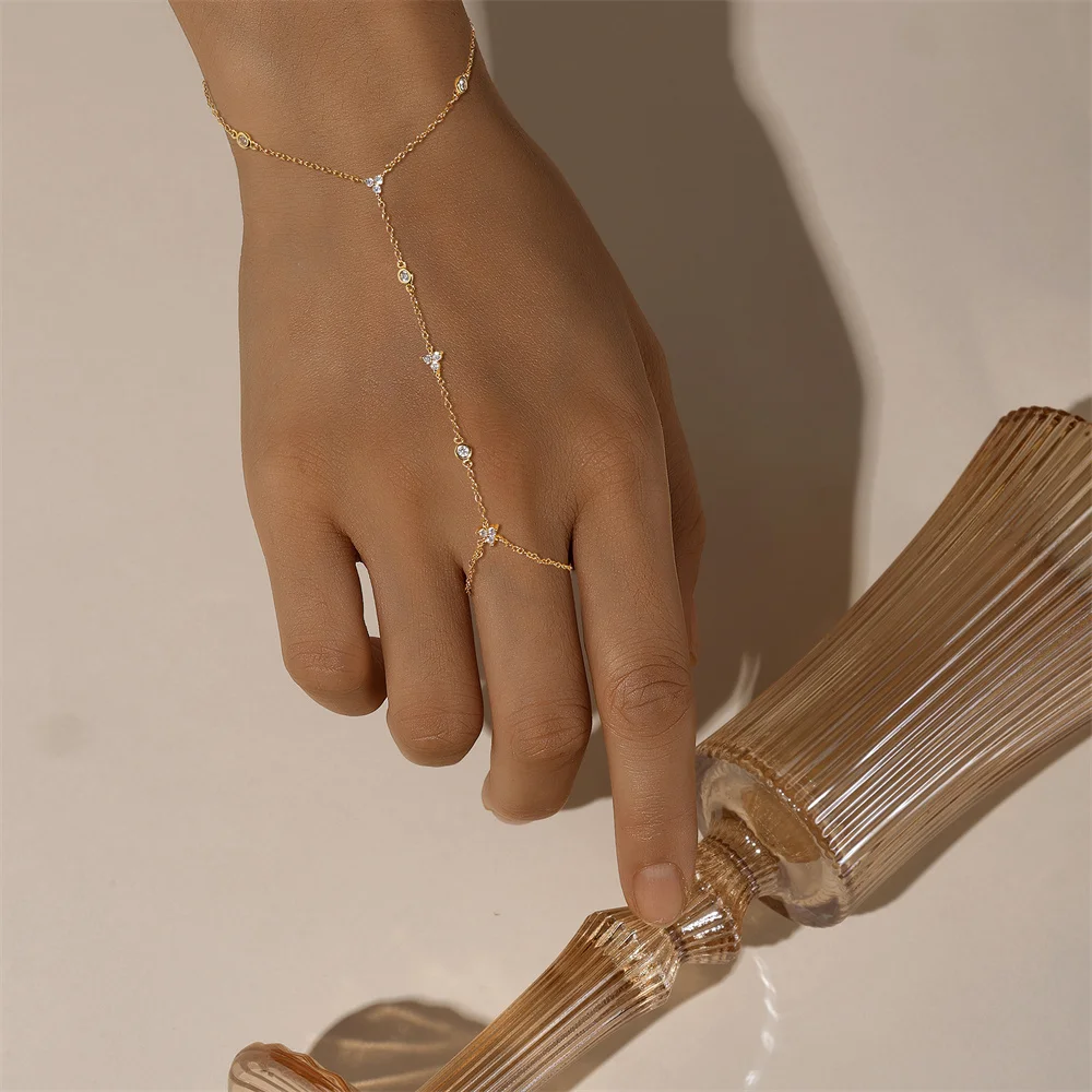 CANNER Pulsera de Cadena con Anillo de Dedo de Plata de Ley 925 con Flor y Trébol de Circonita para Mujer, Cadena de Mano Estilo Ins, Joyería Ojo de Caballo, Regalo para Fiesta
