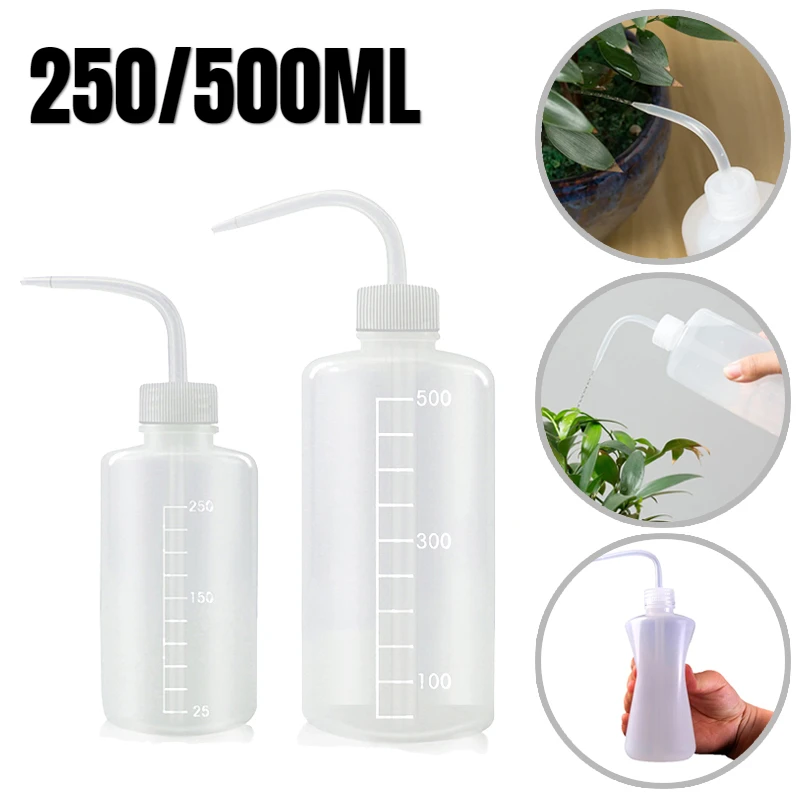 Botella de plástico con boquilla curvada para limpieza de plantas suculentas, botella de agua transparente con escala, herramienta de riego, 250/500mL