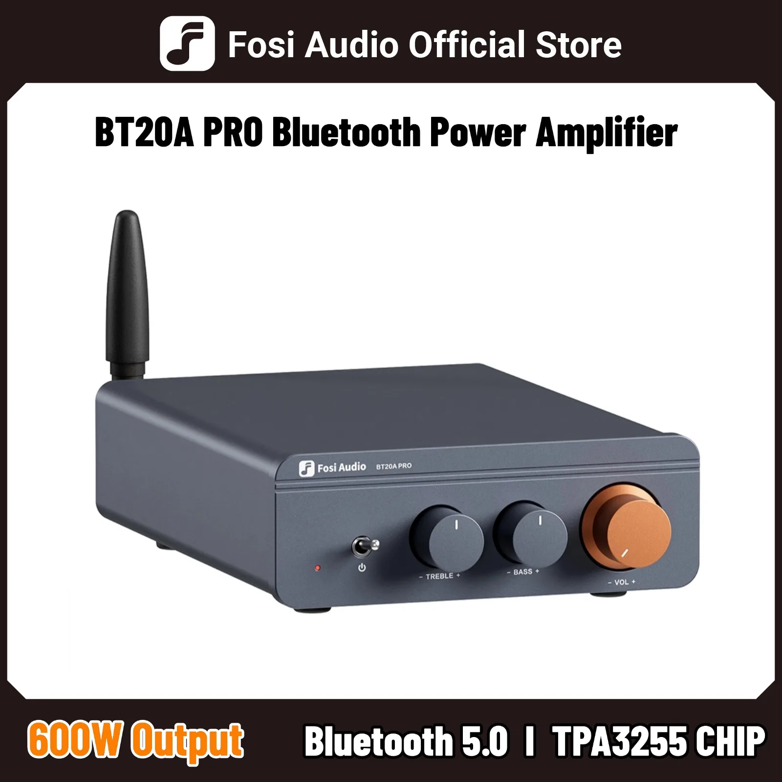 Amplificador de Sonido Bluetooth Fosi Audio TPA3255, 300W x2, Mini HiFi Estéreo Clase D, Bajos y Agudos, para Cine en Casa