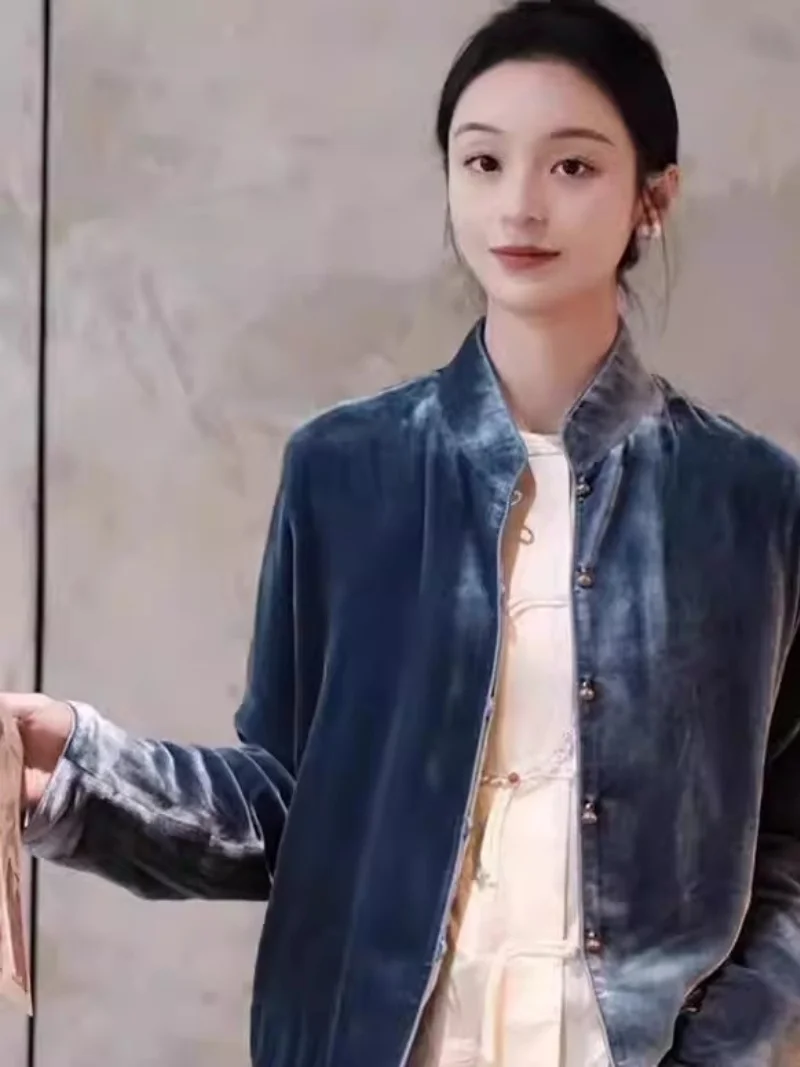 Chaqueta de Terciopelo Azul Marino Estilo Chino Retro, Blazer con Cuello Camisero Chic Francés para Mujer, Tops Elegantes de Negocios J014