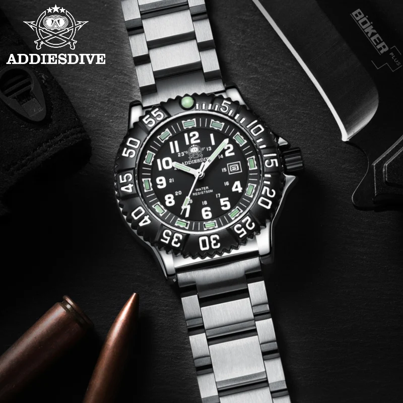 Reloj de Pulsera para Hombre ADDIESDIVE de 44mm, Resistente al Agua 50m, Esfera Luminosa Grande, Indicador de Fecha, Reloj de Cuarzo de Acero Inoxidable para Hombre
