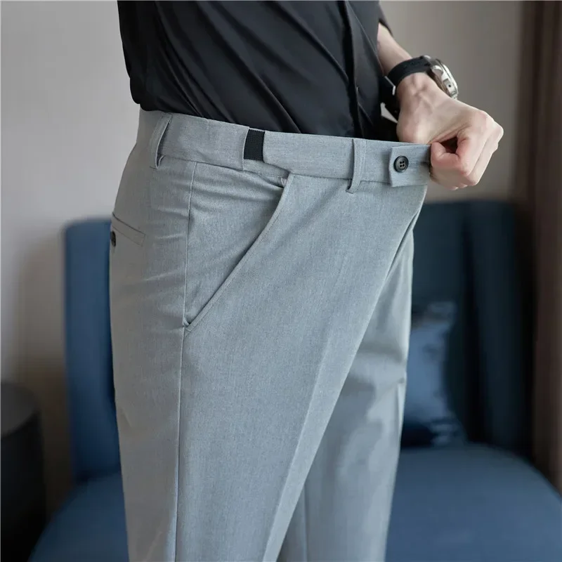 Pantalón de traje para hombre, pantalones de vestir ajustados lisos con cintura elástica de otoño, pantalones sociales informales de negocios para oficina, ropa de talla grande 40 38 para hombre