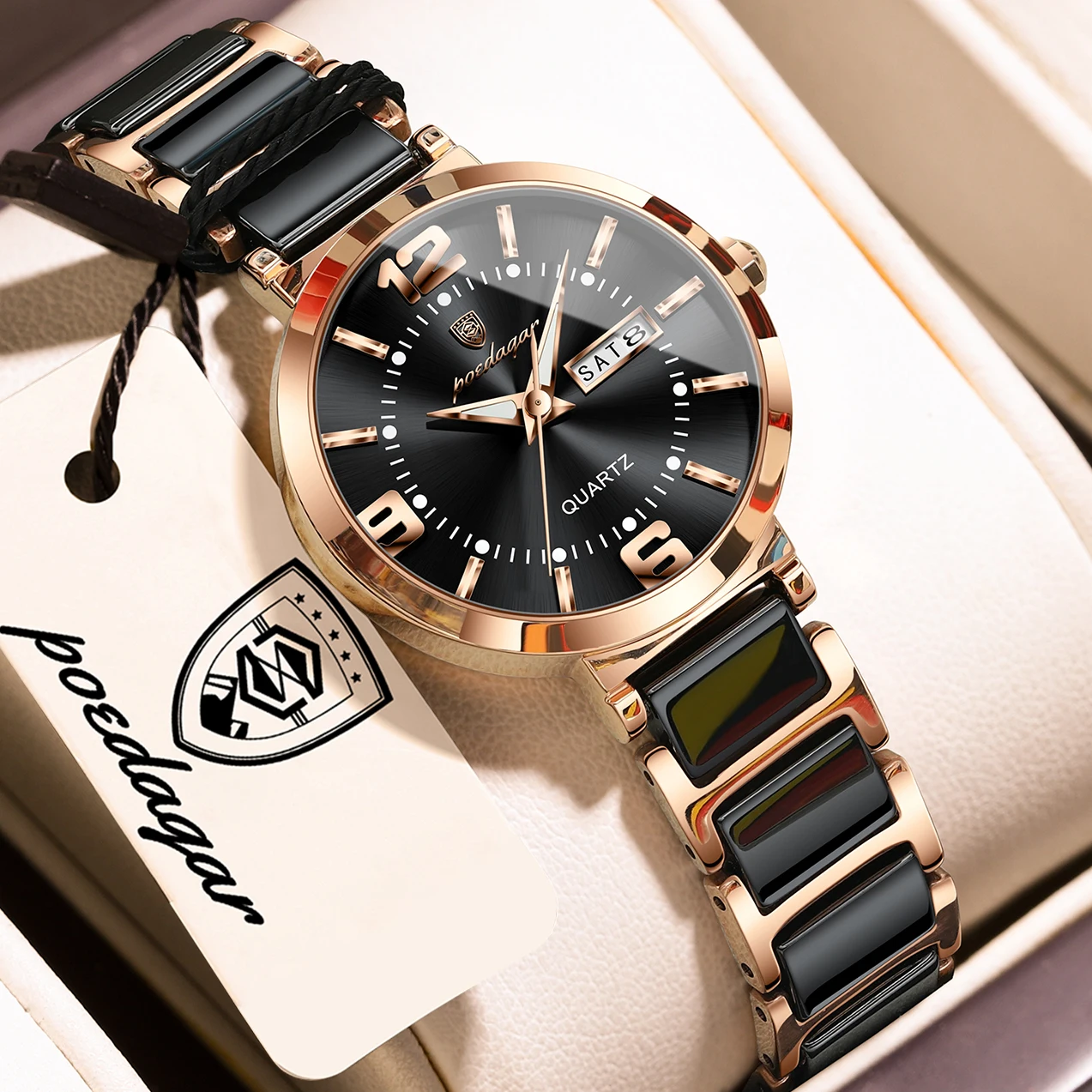 Relojes de moda POEDAGAR para mujer, reloj de lujo de cuarzo, resistente al agua, de acero inoxidable, con fecha y día de la semana, elegante reloj para mujer.