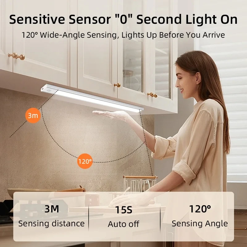 Luces de armario con Sensor de movimiento, luz LED nocturna regulable, tubo de luz Led recargable por USB inalámbrico para armario, lámpara de noche de 3 colores