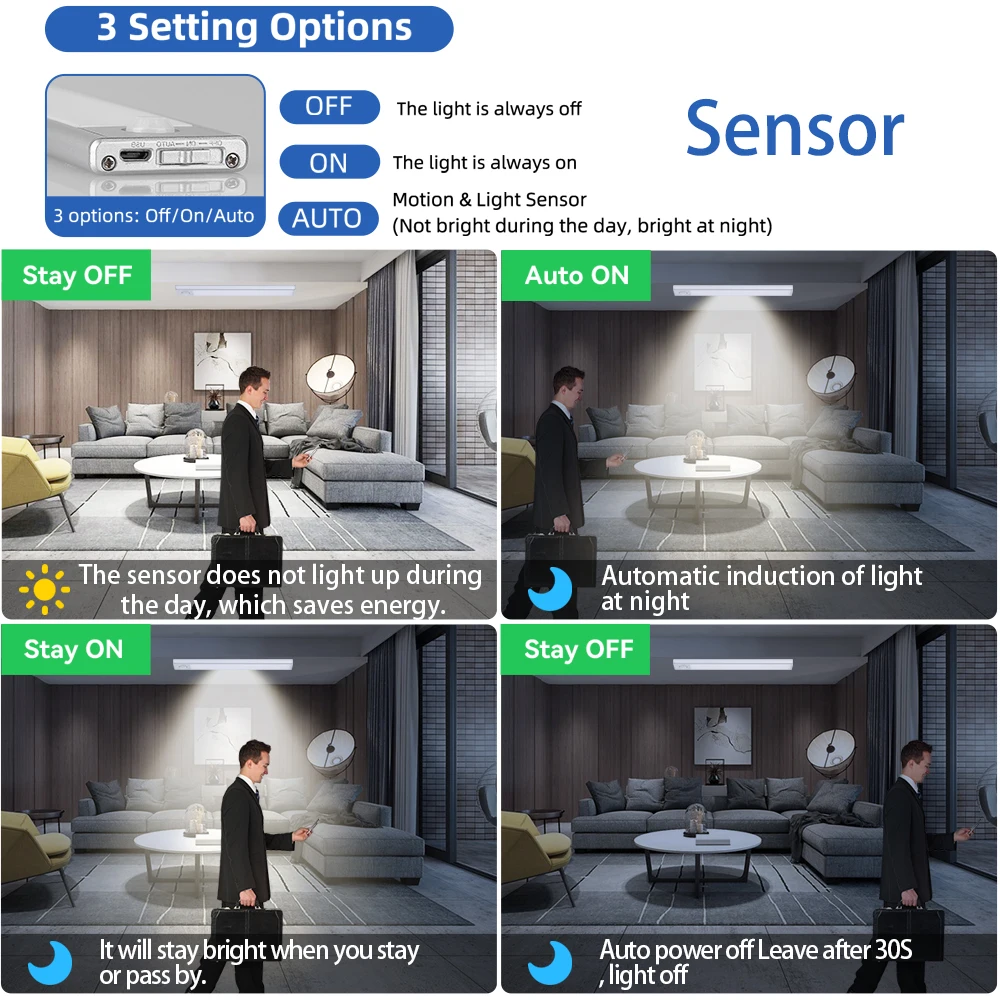 Luces de armario con Sensor de movimiento, luz LED nocturna regulable, tubo de luz Led recargable por USB inalámbrico para armario, lámpara de noche de 3 colores
