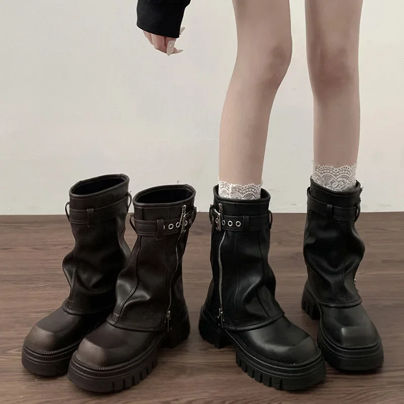 Botas de motociclista de invierno para mujer, botines planos de plataforma elegantes con hebilla de cinturón a la moda, botines de caballero informales para mujer