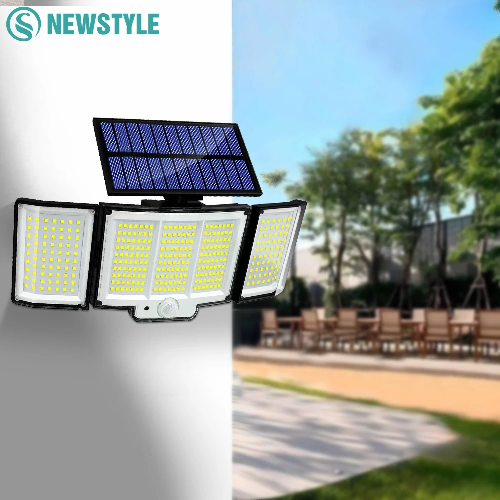 Luces solares para exteriores, 348LED, 3 cabezales, impermeables, alimentadas por energía Solar, luces de inundación de seguridad, Sensor de movimiento, luces exteriores para jardín