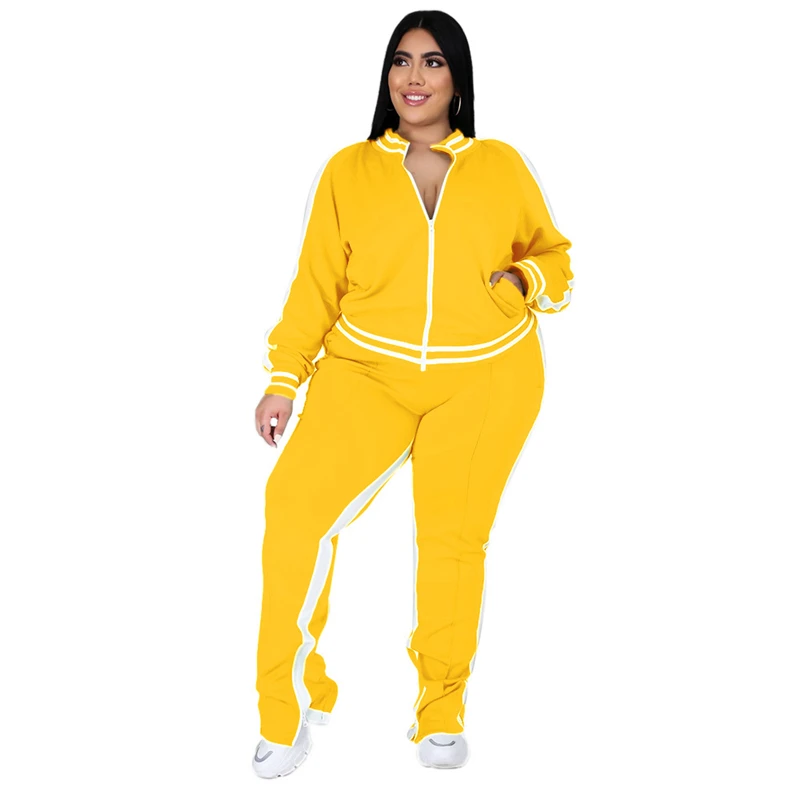 Conjunto de dos piezas de talla grande L-5XL para mujer, chándal con cremallera a rayas, pantalones de chándal con abertura, conjunto para correr, venta al por mayor, triangulación de envíos