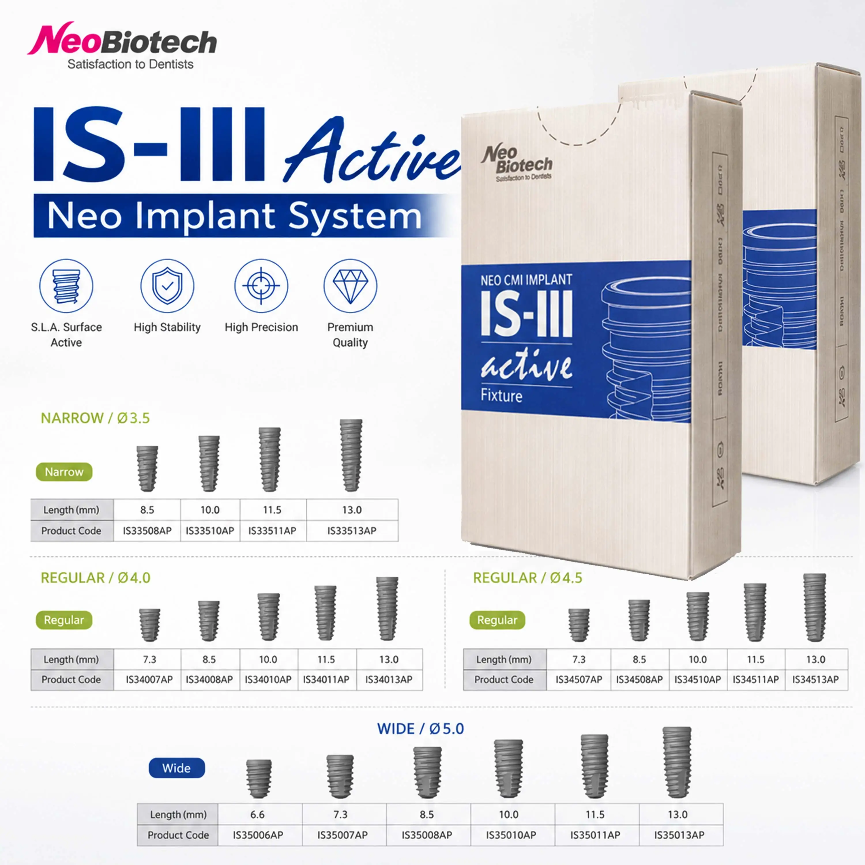 Implante Dental NeoBiotech IS‑III Active CMI, Superficie SLA, Fijación de Titanio Hexagonal Interna D3.0-5.0, D4.0×L10, Restauración a Nivel Óseo