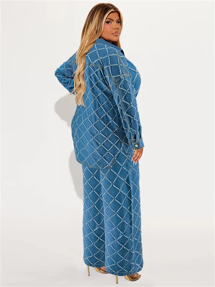 Wmstar-Conjunto de dos piezas de mezclilla de talla grande para mujer, ropa de otoño, Tops estampados de manga larga, pantalones, nuevos trajes a juego, venta al por mayor, Dropshopping