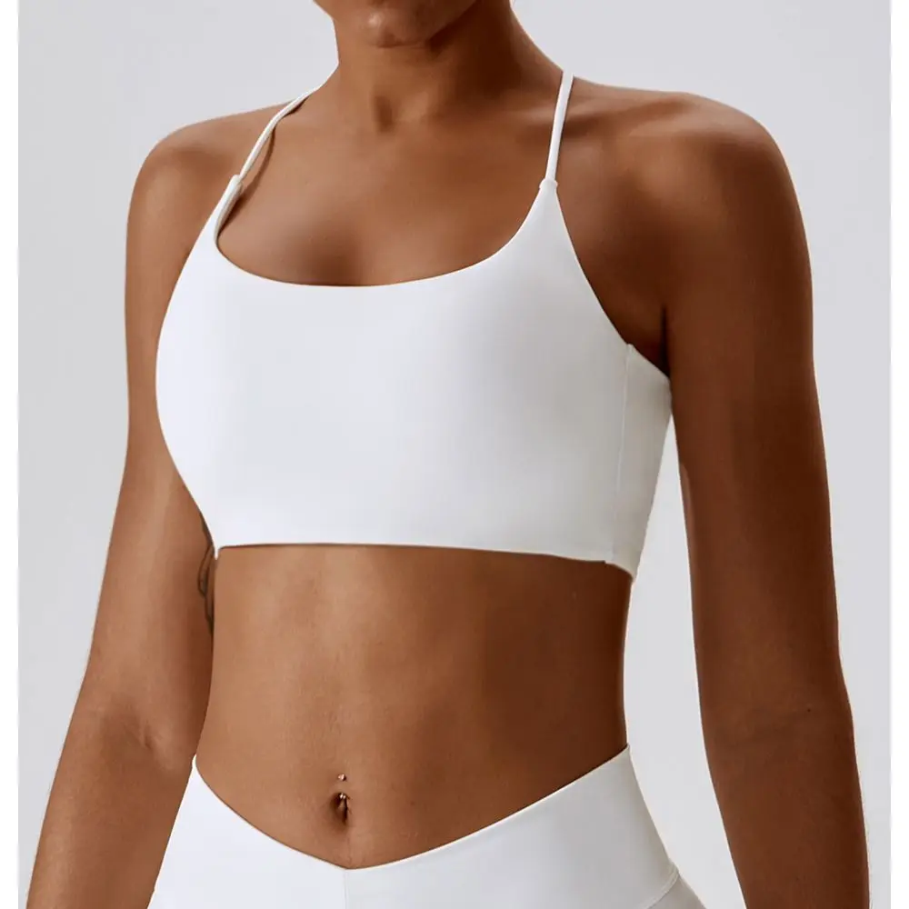 Sujetador deportivo de Color liso en forma de U con múltiples correas y espalda cruzada para mujer, Top para gimnasio, Yoga, atlético, entrenamiento ajustado, Jog suave con almohadilla para el pecho