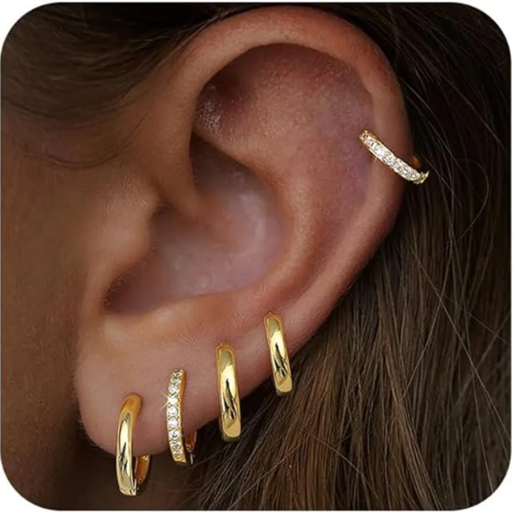 Juego de 5 Pares de Aretes de Aro con Circonita Cúbica Plateados en Plata 925, Aretes de Aro Huggie con Circonita Cúbica Brillante para Cartílago y Hélix, Joyería para Mujer