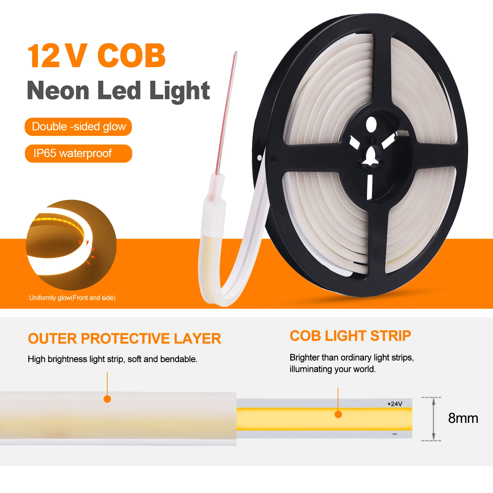 Tira de luces LED COB de 12V y 24V, cinta de neón Flexible, impermeable, doble cara, 320LED, iluminación lineal de alta densidad, 0,5-20M