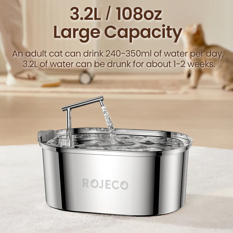 ROJECO-fuente de agua de acero inoxidable para gatos, bebedero automático para gatos, perros, accesorios dispensadores de agua para mascotas