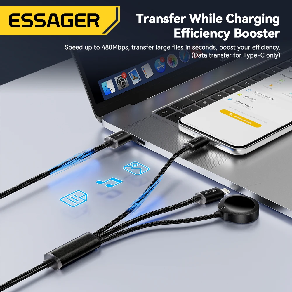 Cable Essager 3 en 1 USB Tipo C y Lightning para iPhone 16 15, para Apple Watch IWatch, Cargador Inalámbrico, Cable de Datos de Carga Rápida
