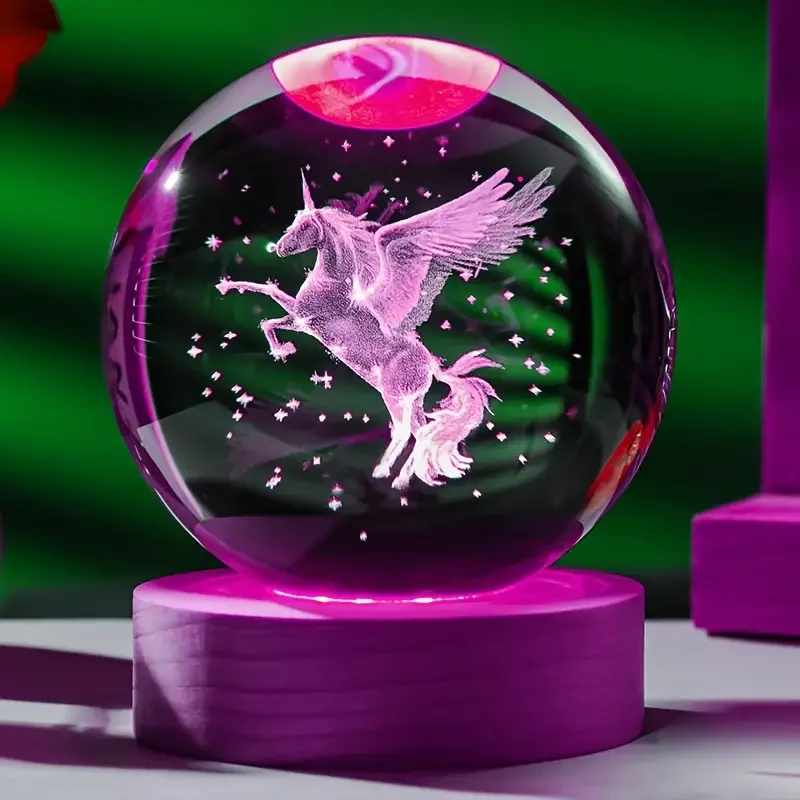 1 bola de cristal tallada con láser 3D de unicornio con portalámparas LED de color madera, decoración del hogar, novia, colega, nacimiento de esposa