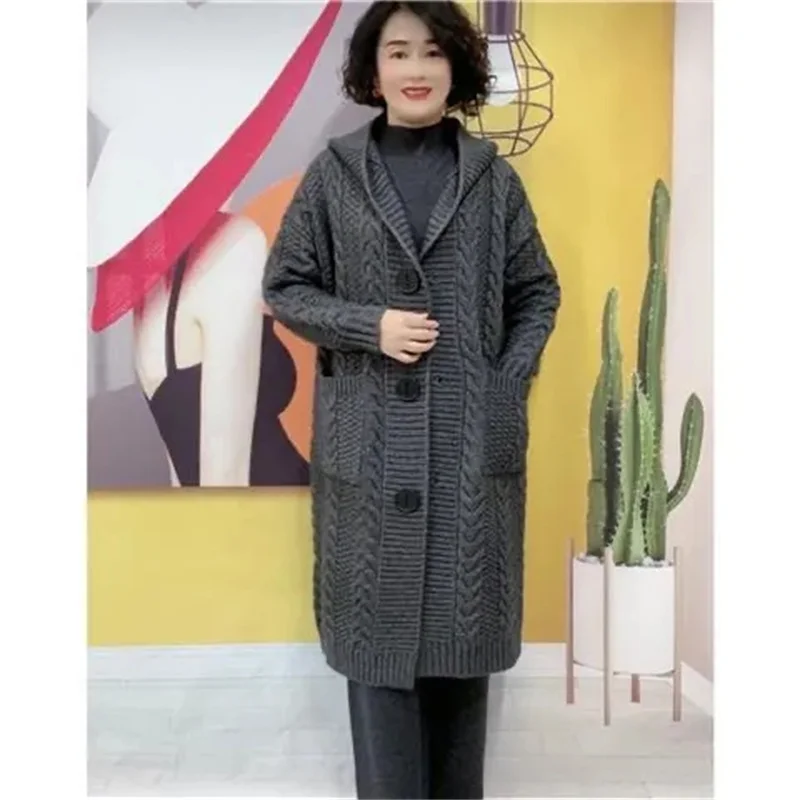 Primavera otoño 2024 nuevo cárdigan con giros de Jacquard suéter de talla grande para mujer largo con capucha de un solo pecho cárdigan de punto abrigo M-5XL