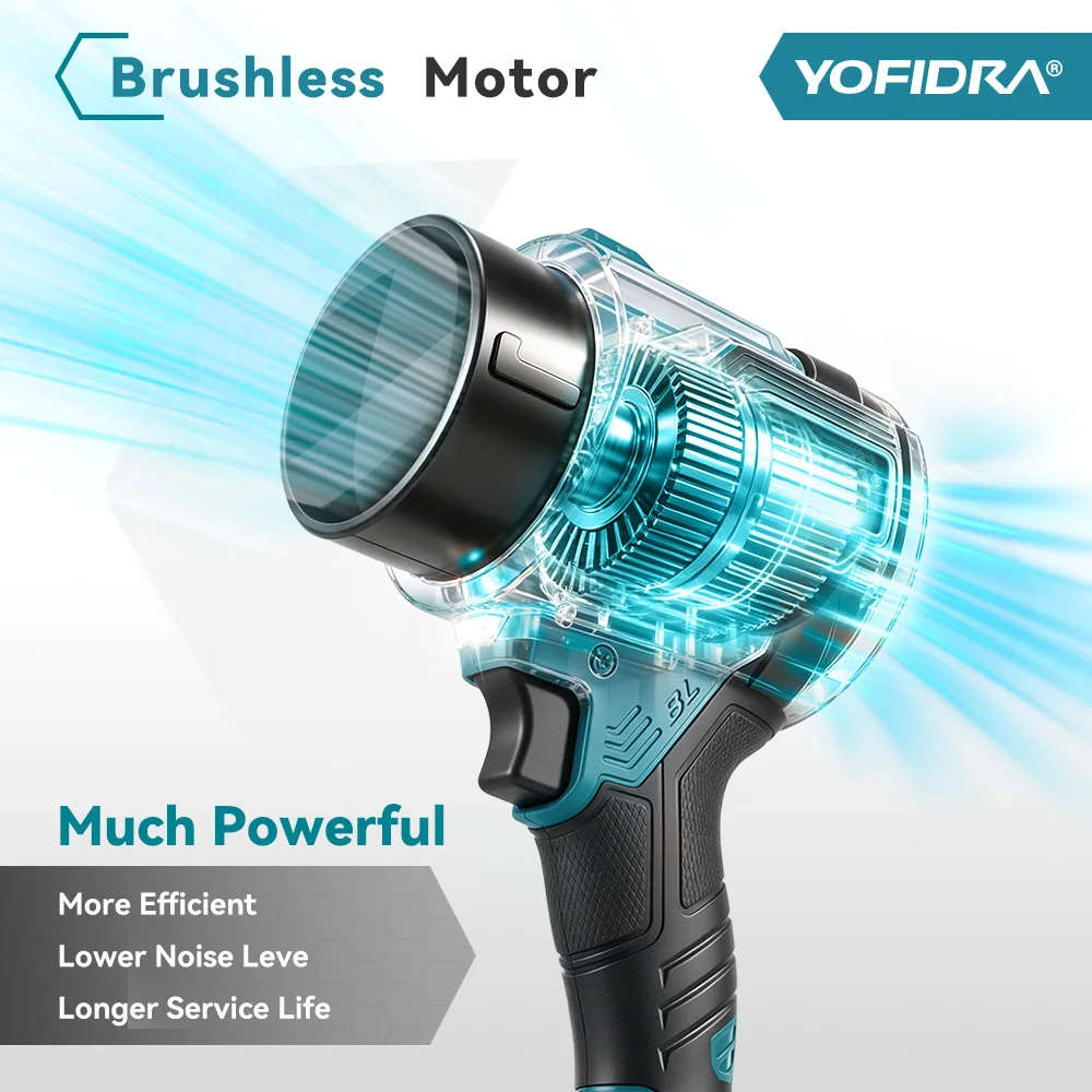 YOFIDRA 2 en 1, 350M/S, Ventilador Turbo Eléctrico sin Escobillas, Sopladores de Aire Inalámbricos, Ventilador de Chorro, Herramientas Eléctricas de Succión y Soplado de Hojas y Nieve para Batería Makita 21V