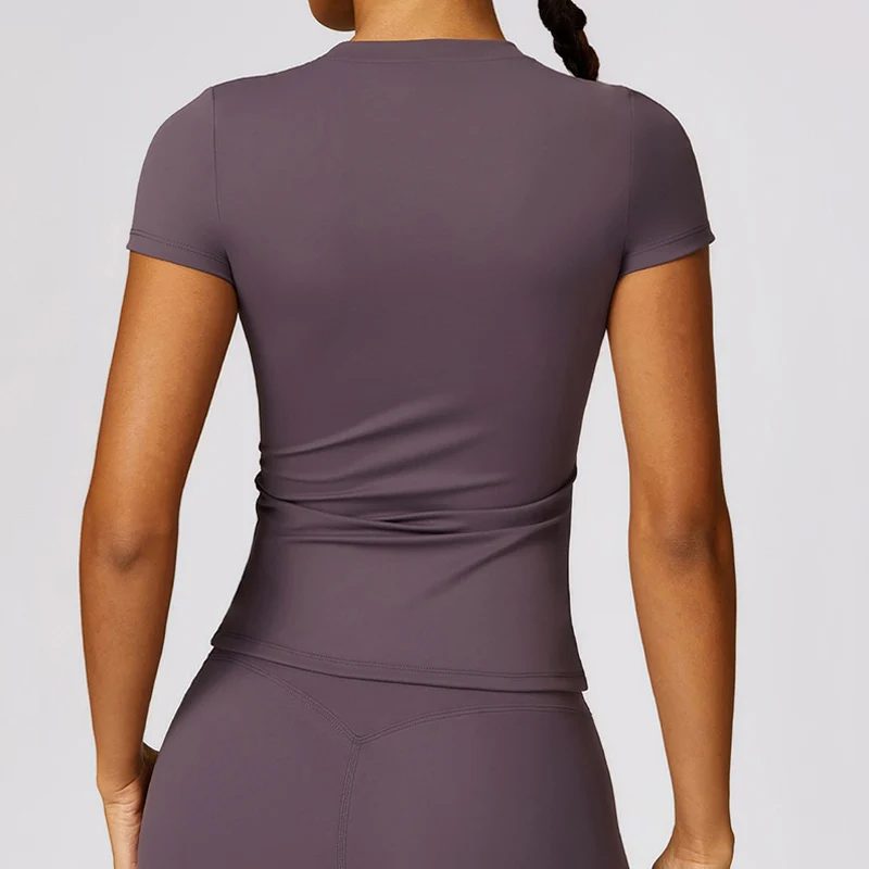 Camiseta deportiva para mujer, camiseta de verano de manga corta para correr, cuello redondo, transpirable, elástica, para gimnasio, Yoga, Fitness, Top activo