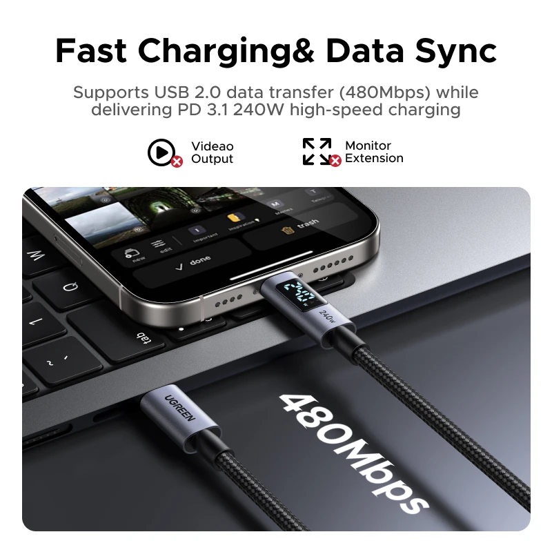 UGREEN Pantalla digital Cable USB-C 240W PD3.1 Cable tipo C para computadora portátil MacBook iPhone 17 Samsung S25 Xiaomi Cargador rápido