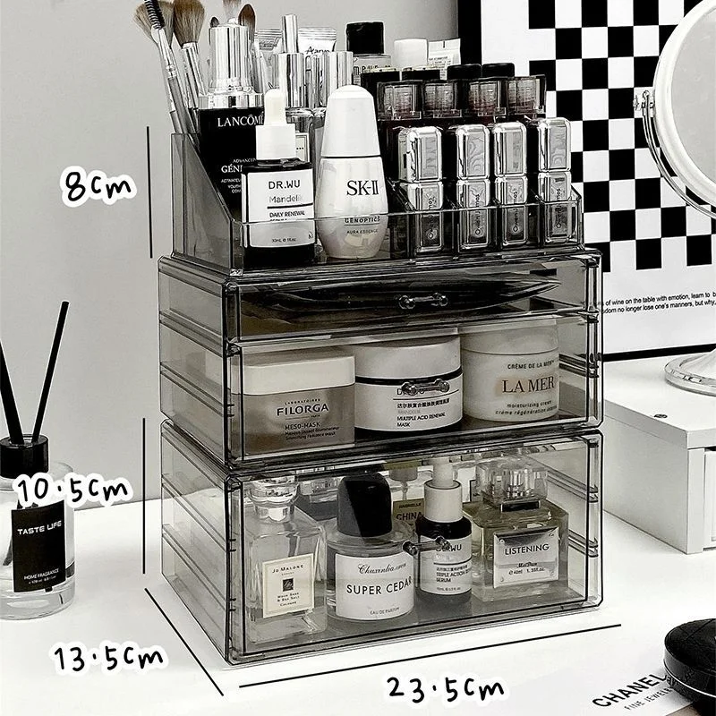 Organizador de Maquillaje Acrílico con Cajones, Caja de Almacenamiento de Cosméticos, Tocador, Soporte para Pinceles de Labios y Cuidado de la Piel, Cajones para Dormitorio y Baño