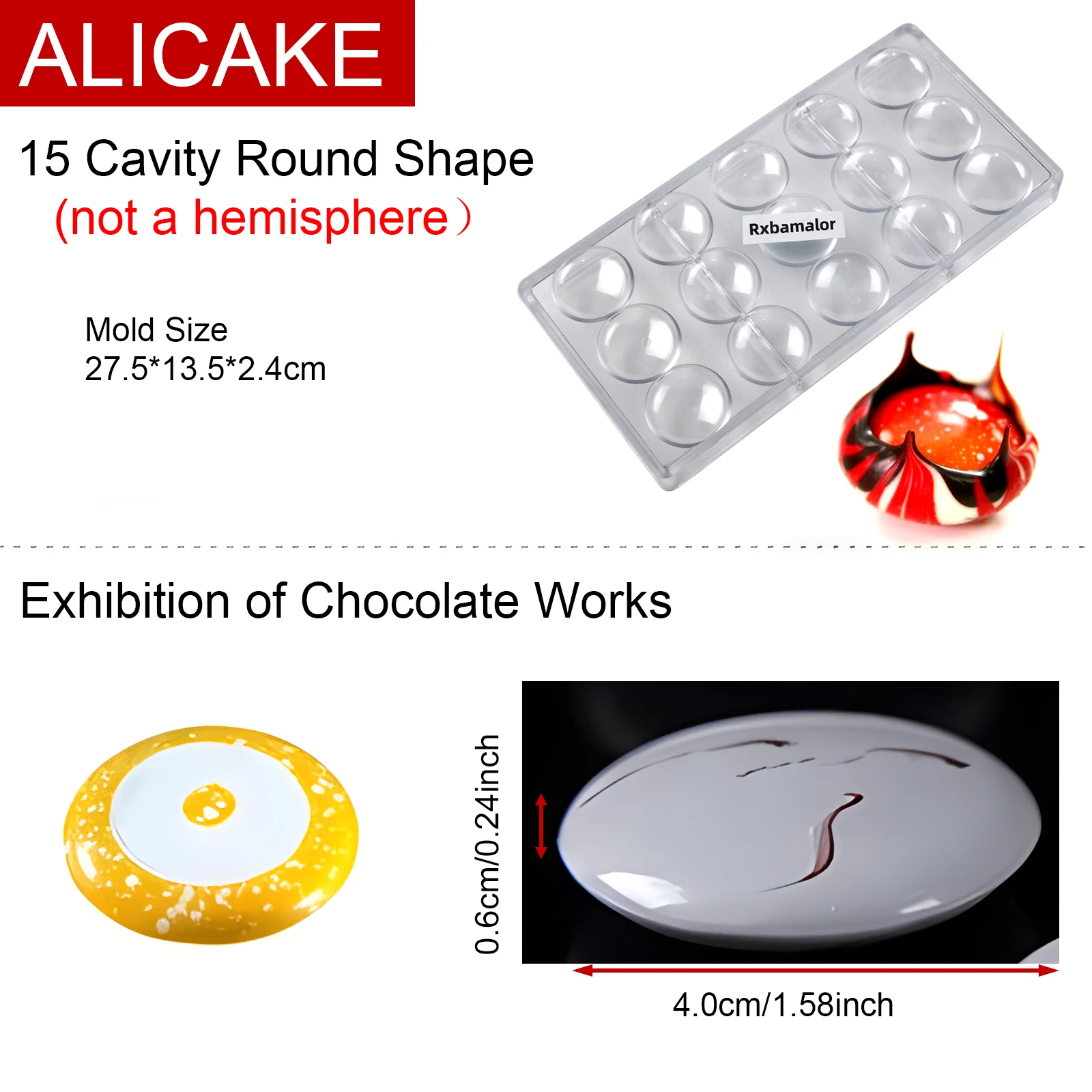 Molde de chocolate de policarbonato de 15 cavidades, moldes de chocolate, dulces de volcán, bonsái, formas de confitería, herramientas para hornear φ1.58 "xH0.24"