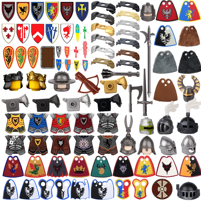 MOC-accesorios medievales, serie de bloques de construcción, figura de soldado del ejército militar, armadura, escudo, casco, espada, corona, Caballero, juguetes de ladrillos