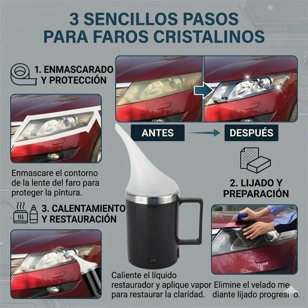 Kit de Restauración de Faros de Coche, Vaso Atomizador de 200ml, Líquido Pulidor, Herramienta DIY para Reparación de Lentes de Faros de Automóvil con Papel de Lija y Cinta Adhesiva