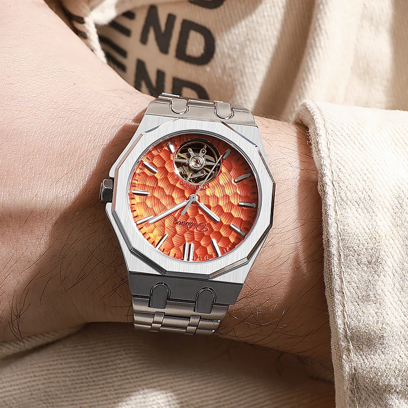 Reloj mecánico automático para hombre, esfera naranja, Tourbillon esqueleto, reloj de pulsera octogonal de acero inoxidable, reloj de lujo resistente al agua