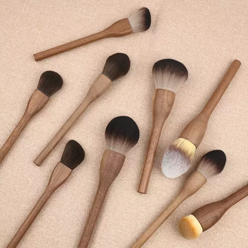 Brocha de maquillaje con mango de madera Vintage, brocha de contorno de base en polvo suelto de nogal de alta calidad, herramienta de belleza súper suave, 6 uds.