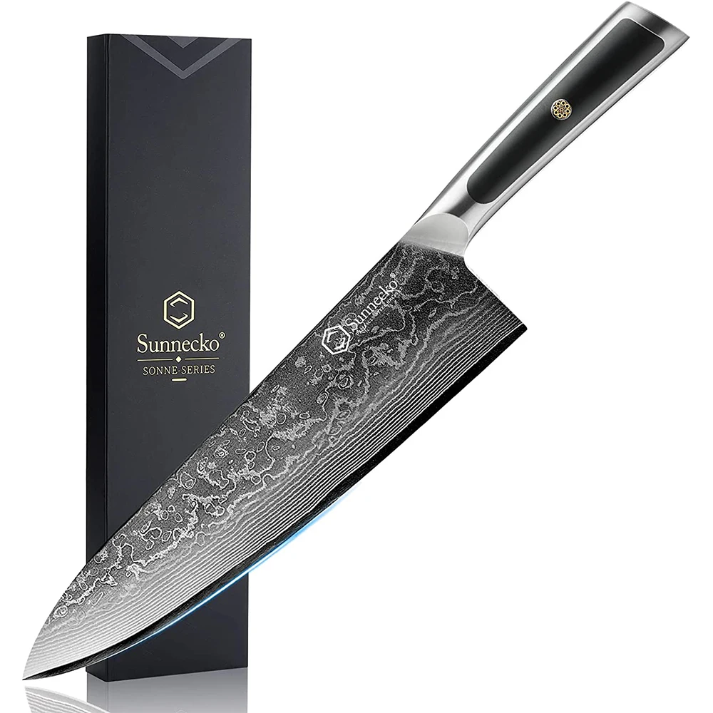 Sunnecko-cuchillo de Chef de Damasco, utensilio de cocina japonés de 8 pulgadas, Ultra afilado, de alto carbono, VG10, cortador de carne de acero, Gyuto