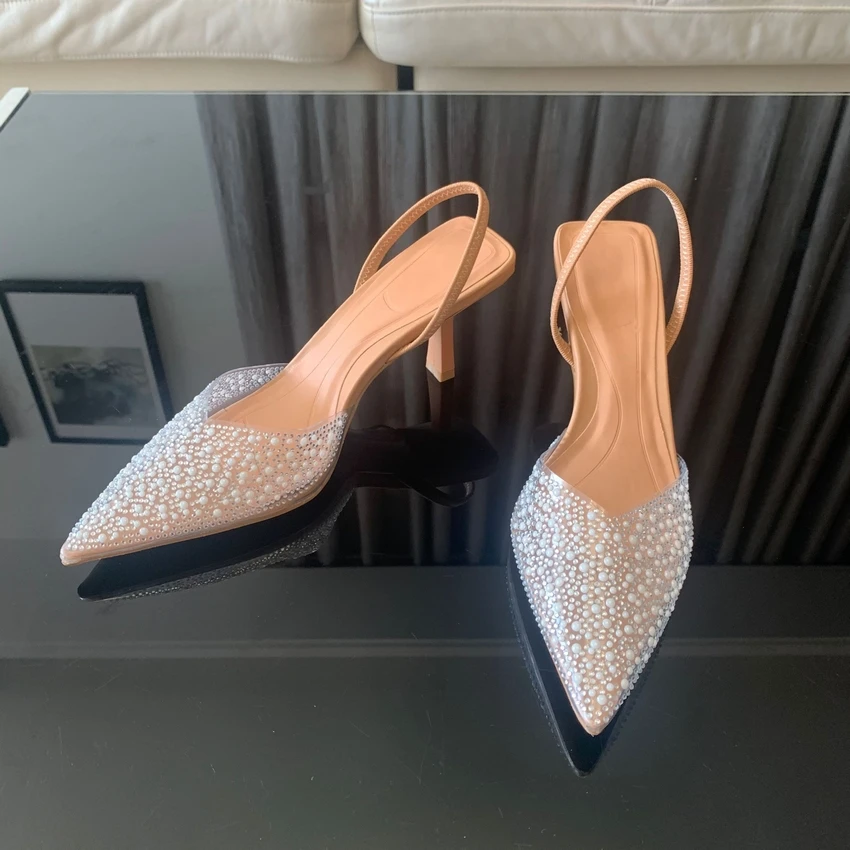 Moda de verano 2024, tacones altos para mujer, decoración de perlas, zapatos de tacón con talón descubierto para mujer, Sandalias de tacón alto con punta estrecha, zapatos elegantes para mujer