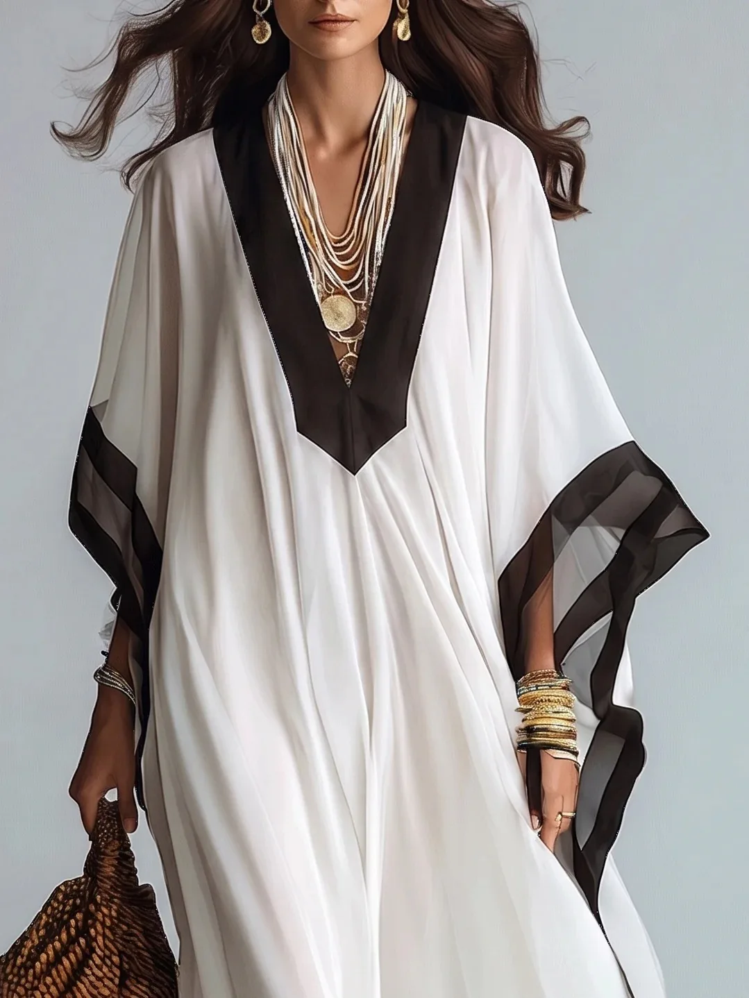 Vestido Maxi Kaftán para Mujer con Ribete en Contraste Blanco y Negro, Cuello en V, Manga Murciélago, Holgado, de Gasa, Largo, para Playa, Vacaciones, Casual