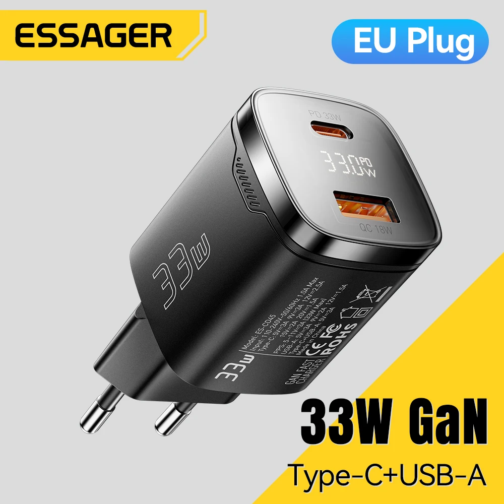 Essager 33W GaN USB tipo C cargador pantalla Digital PD carga rápida para iPhone 16 15 14 Pro Max iPad Mini 6 Xiaomi Samsung S22