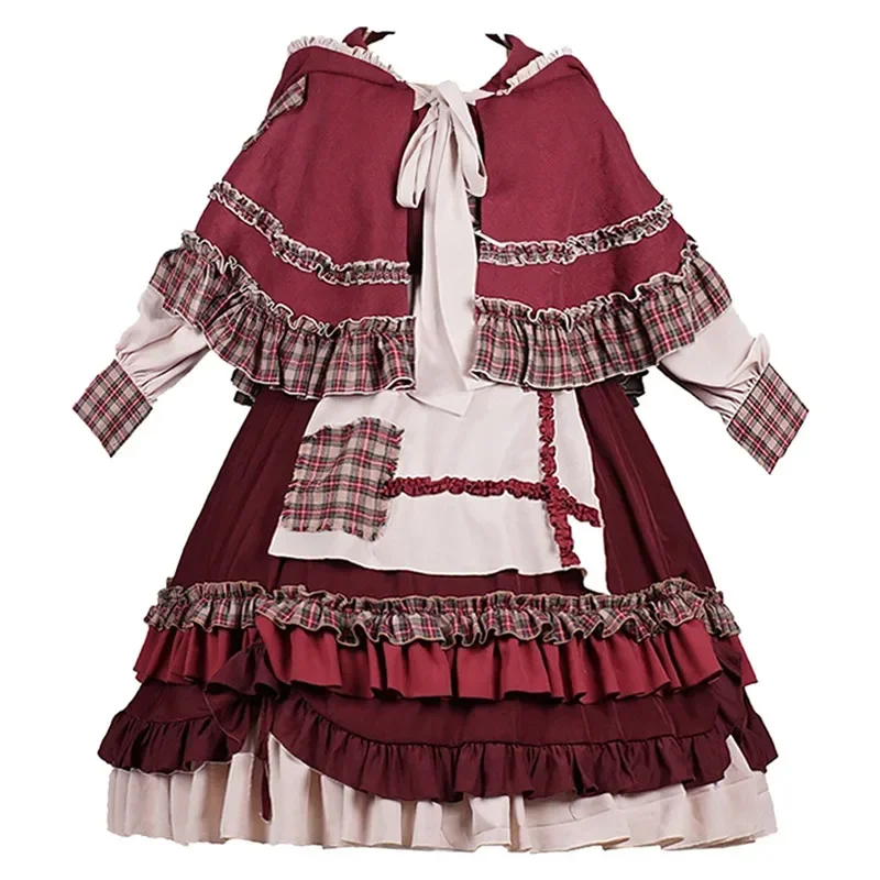 2025 caliente dulce chica Lolita vestido de mujer Vintage Patchwork vestidos rojos con capa lindo femenino Bing Cosplay Caperucita Roja