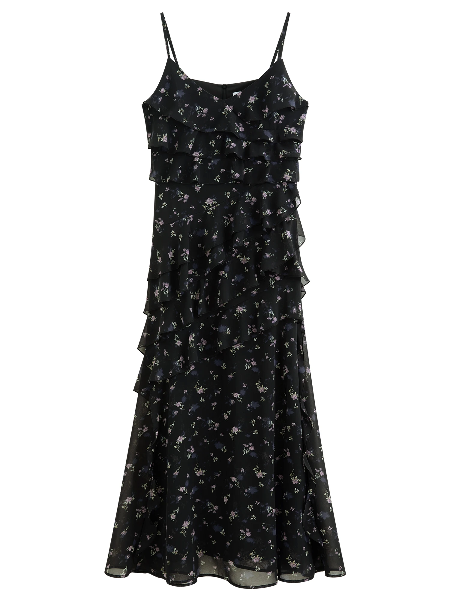 FSLE Vestido largo de verano con estampado floral y volantes para mujer, vestido largo con tirantes ajustables y corte en A, estilo romántico coqueto