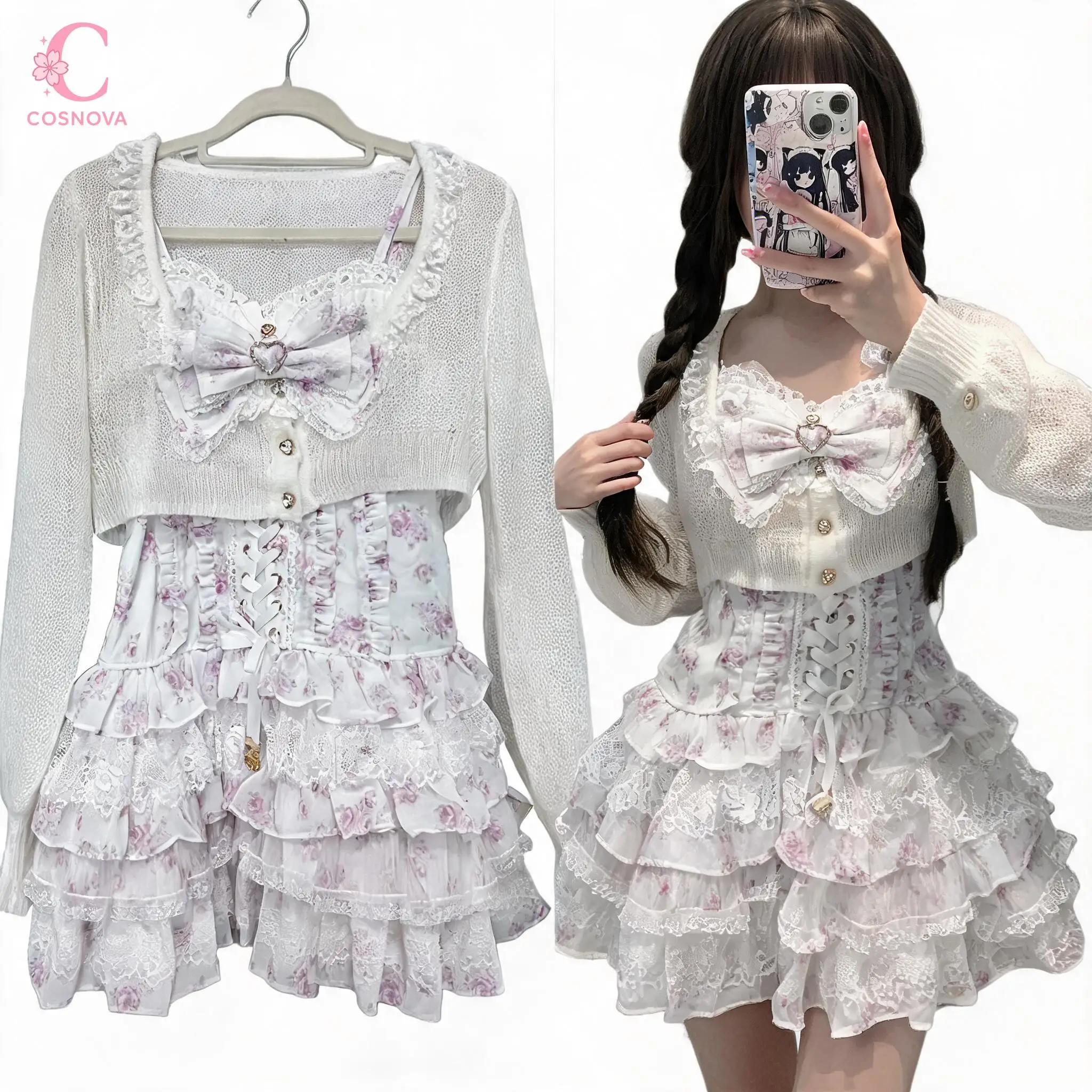 Conjunto de Dos Piezas de Encaje Floral Estilo Lolita Japonés para Mujer, con Lazo, Volantes y Falda Mini a Capas, Ropa Diaria Femenina