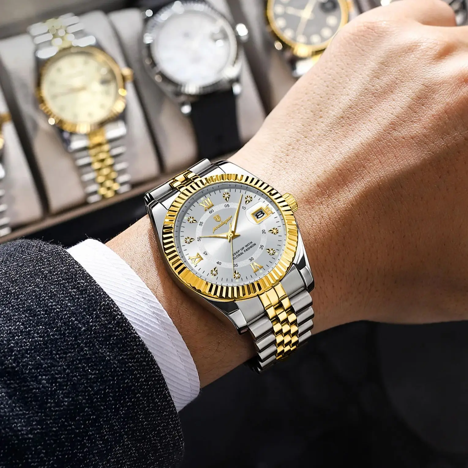 POEDAGAR, reloj de pulsera de lujo para hombres de negocios, resistente al agua, fecha luminosa, reloj militar para hombre, relojes de cuarzo de moda de acero inoxidable para hombres