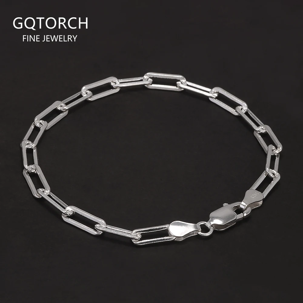 Sólida plata 925, pulsera de cadena de eslabones con clip de papel de 4mm para hombres y mujeres, cadena de mano con Clip de papel, joyería Punk Simple de moda