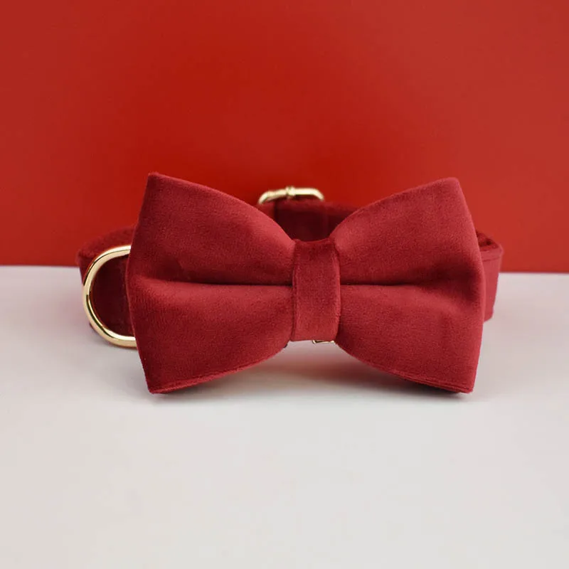 Collar y correa de terciopelo rojo cereza para perros, placa de identificación grabada personalizada, suministros para mascotas, correa para perros, 42