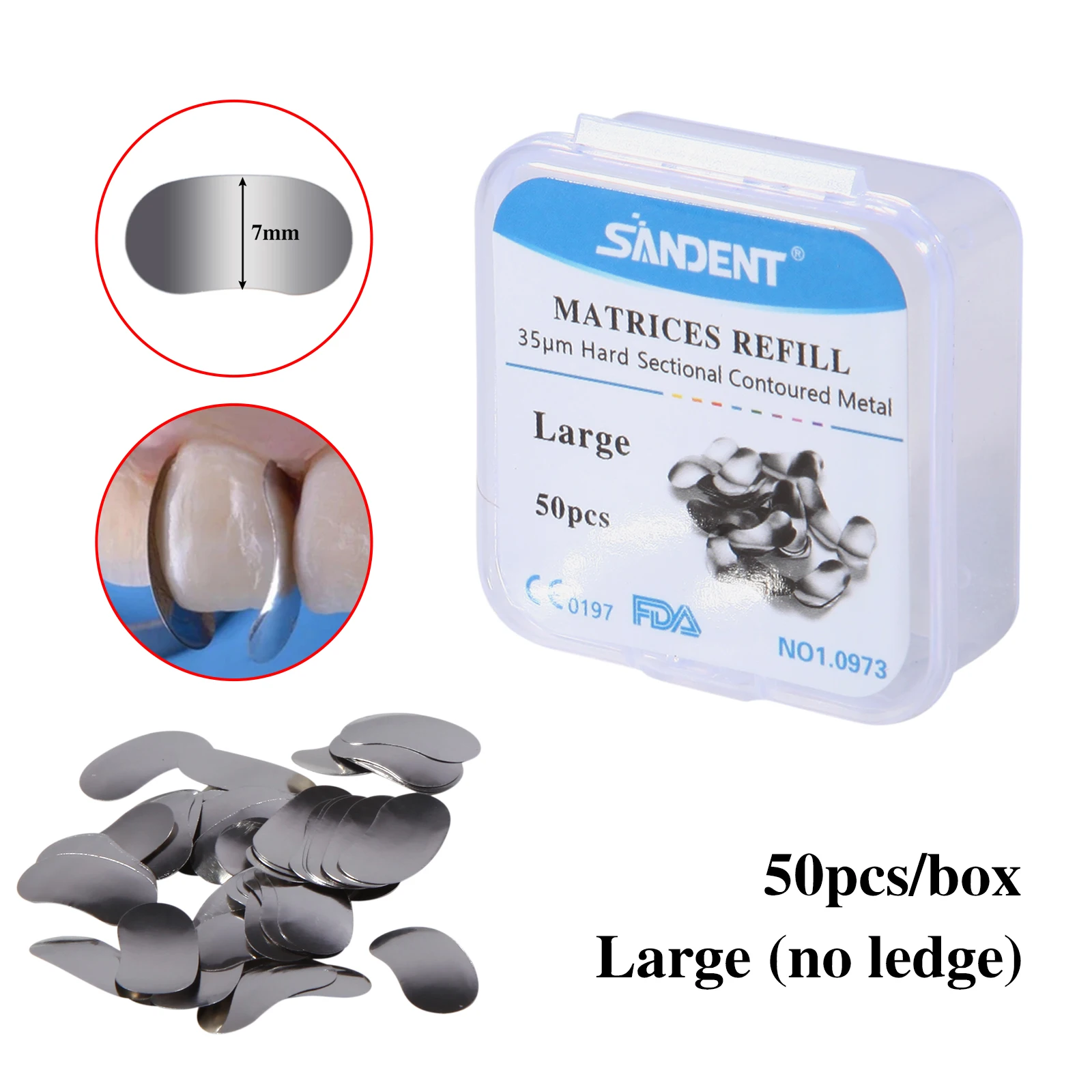 Bandas de Metal para Matrices dentales, recambio de matriz seccional contorneada, tamaños S/M/L, 35μm, herramientas de dentadura de repuesto, 50 piezas