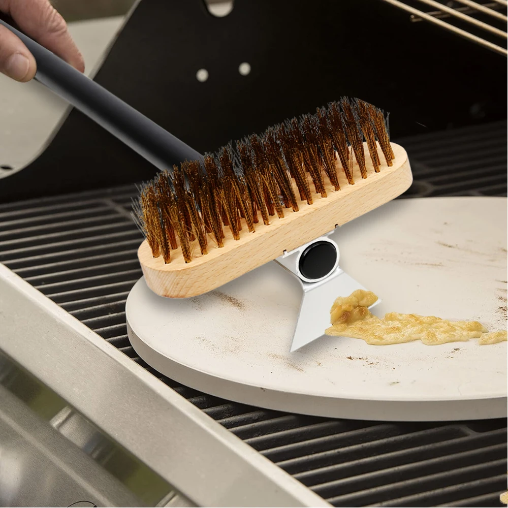 Cepillo para horno de Pizza, cepillo para estufa de cobre, cerdas de latón, mango largo de madera, cepillo para horno de limpieza para horno pequeño, herramienta de cocina