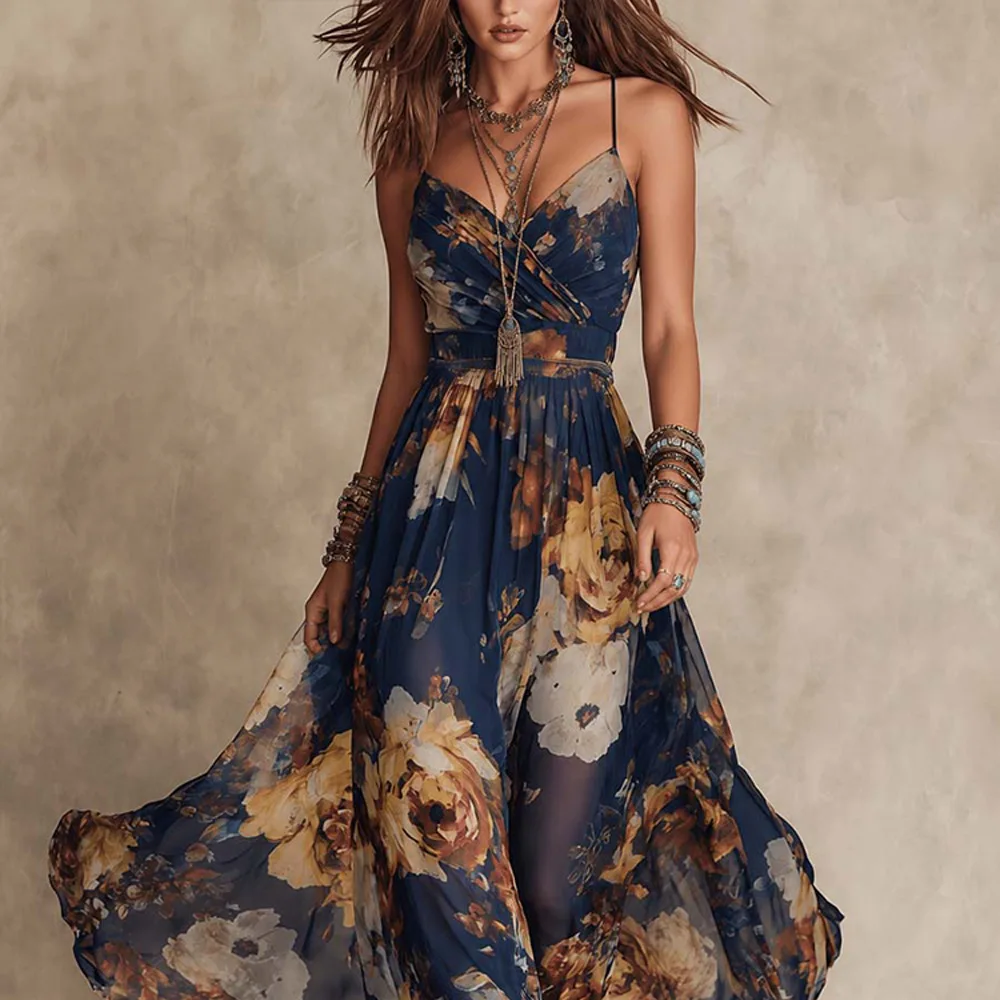 Nuevo Vestido Maxi Bohemio con Estampado Floral para Mujer, Elegante, con Tirantes Finos, Cuello en V, Sin Mangas, Cintura Ajustada, Línea A, Largo y Fluido, para Playa