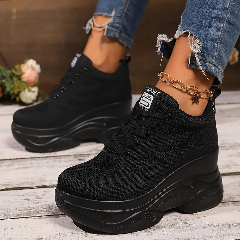 Zapatillas de deporte con cuña de malla transpirable para mujer, zapatos deportivos cómodos con cordones y plataforma gruesa, zapatos antideslizantes de punto para caminar