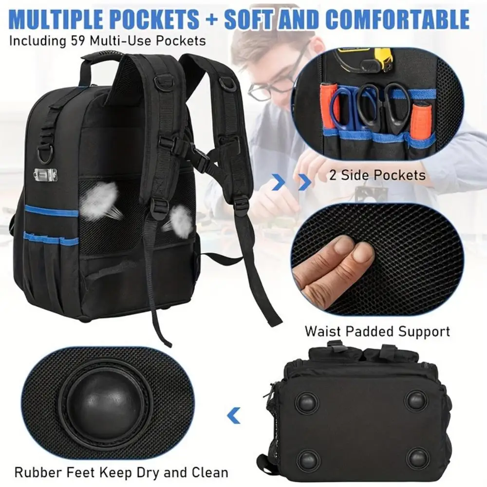 Mochila para Herramientas, Bolsa de Herramientas Resistente con Correa Acolchada para el Hombro y Organizador de Herramientas Extraíble, Mochila de Trabajo Resistente al Agua, para Electricistas