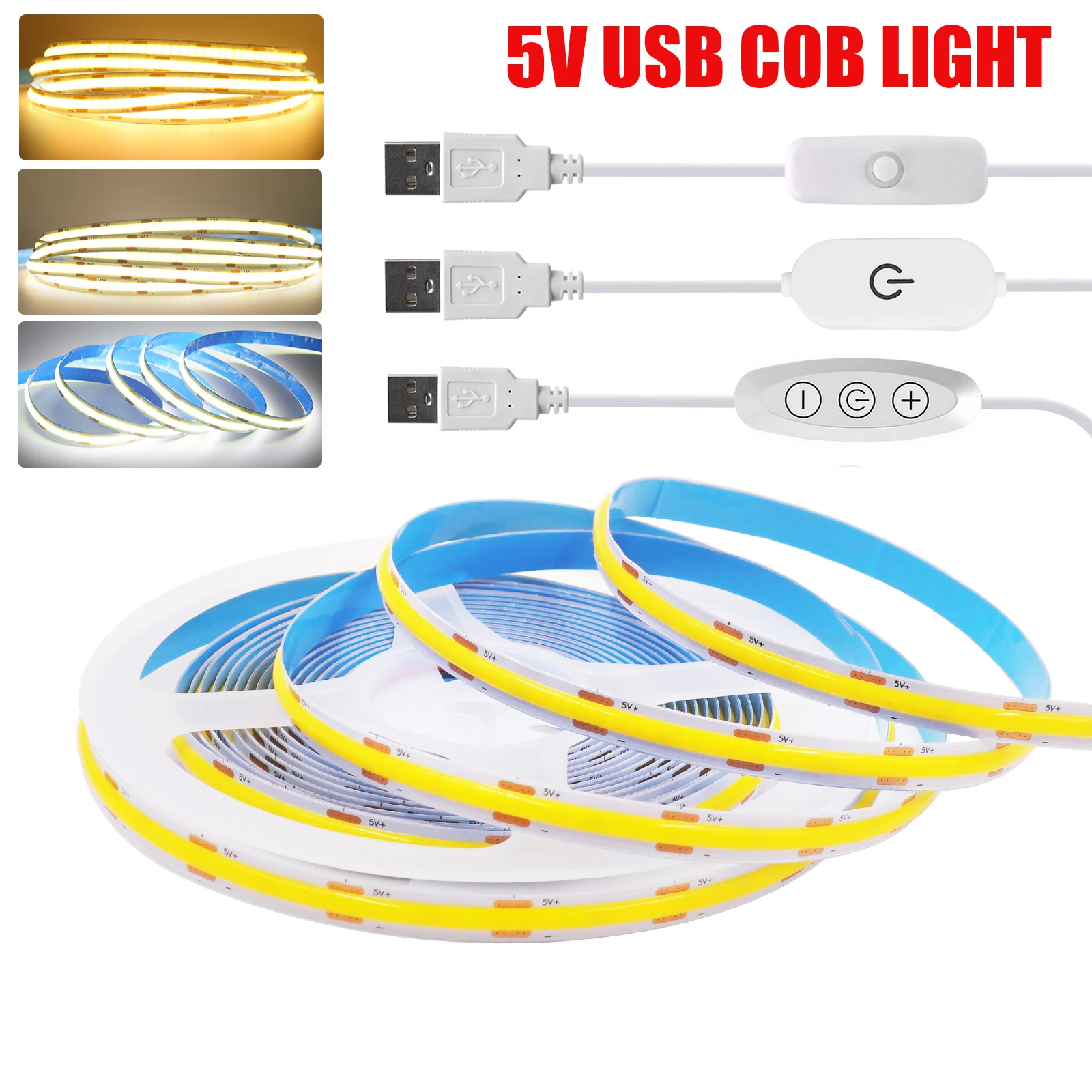 Tira LED COB de 5V USB con Interruptor Táctil y Regulador de Intensidad, 320 Leds, Blanca, 3000K 4000K 6000K, Decoración del Hogar, Lámpara para Gabinete, Cinta Flexible, Luz LED