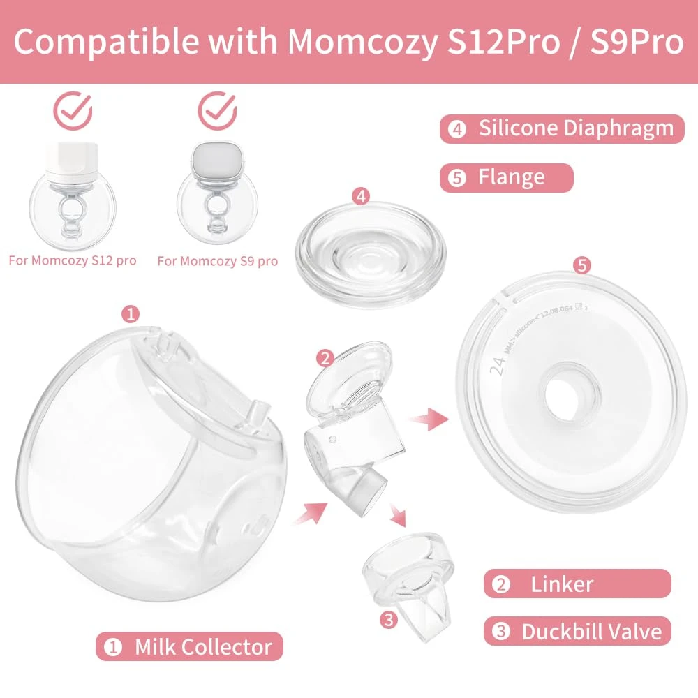 2 Juegos de Repuestos para Vasos de Leche Momcozy S12 Pro/S9 Pro: Vaso Colector, Válvula de Pico de Pato, Brida, Diafragma y Conector