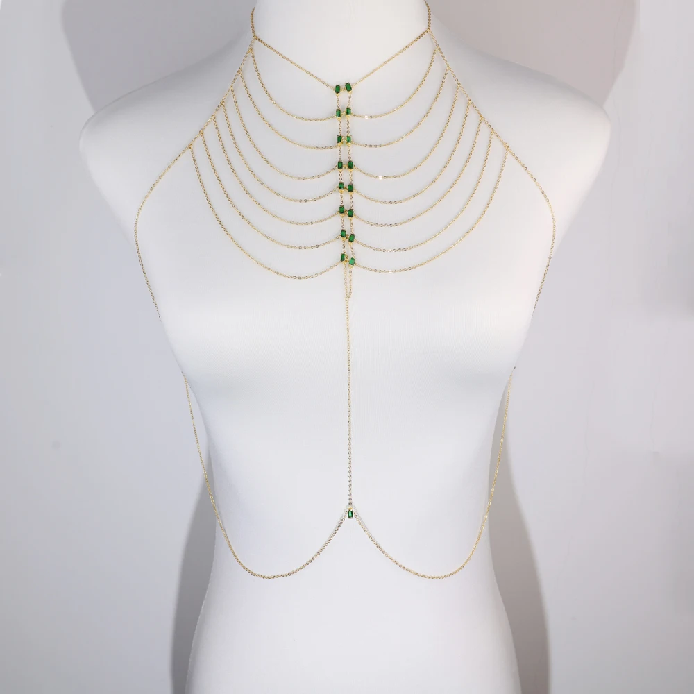 Collar con colgante de circonia cúbica verde, negro y blanco multicapa para mujer, Color dorado, borla ostentosa, cadena para el cuerpo, geometría, regalo de joyería múltiple