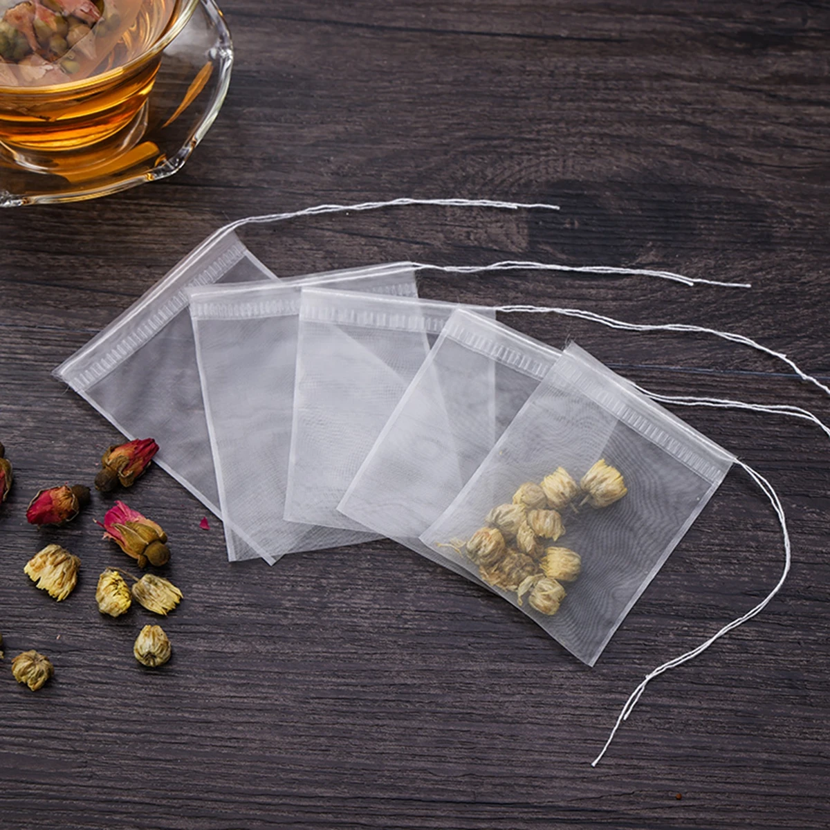 Bolsas de té transparentes reutilizables de nailon, bolsitas de té vacías con sello de cuerda, filtro para hierbas y especias, 500 piezas